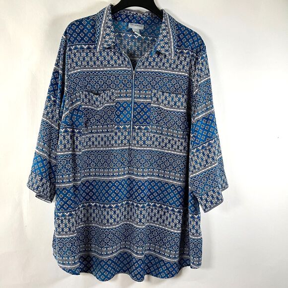 Catherines Shirt Top Womens 2X‎ Plus Blue Breezeway Half Zip Tunic Blouse Work - Picture 1 of 8